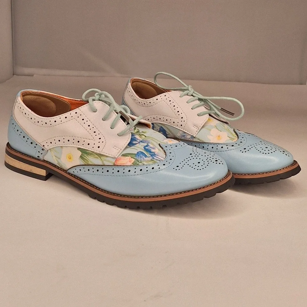 Floral Wingtip Oxford Shoes Pastel Blue White Leather Brogue Lace Up Size 36